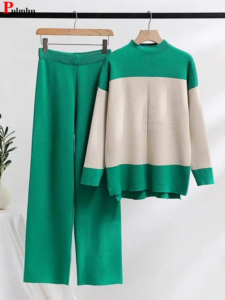 

Spring Knitwears 2 Piece Sets Loose Pullover Sweater Ensemble High Waist Wide Leg Pant Suits Soft Woman Casual Conjuntos