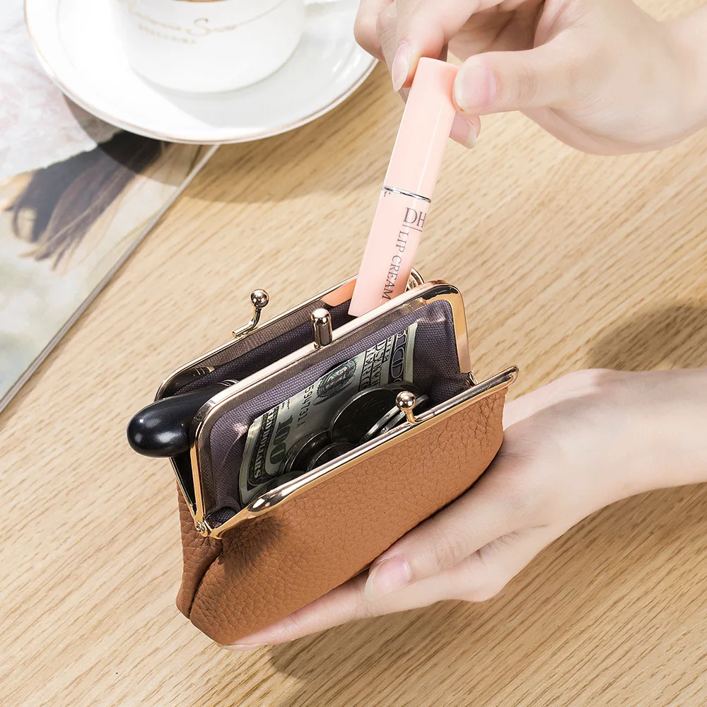 Double Layer Short Clutch Wallet Clip Bags Genuine Leather Coin Purse Card Holder Key Lipstick Storage Pouch Case For Women