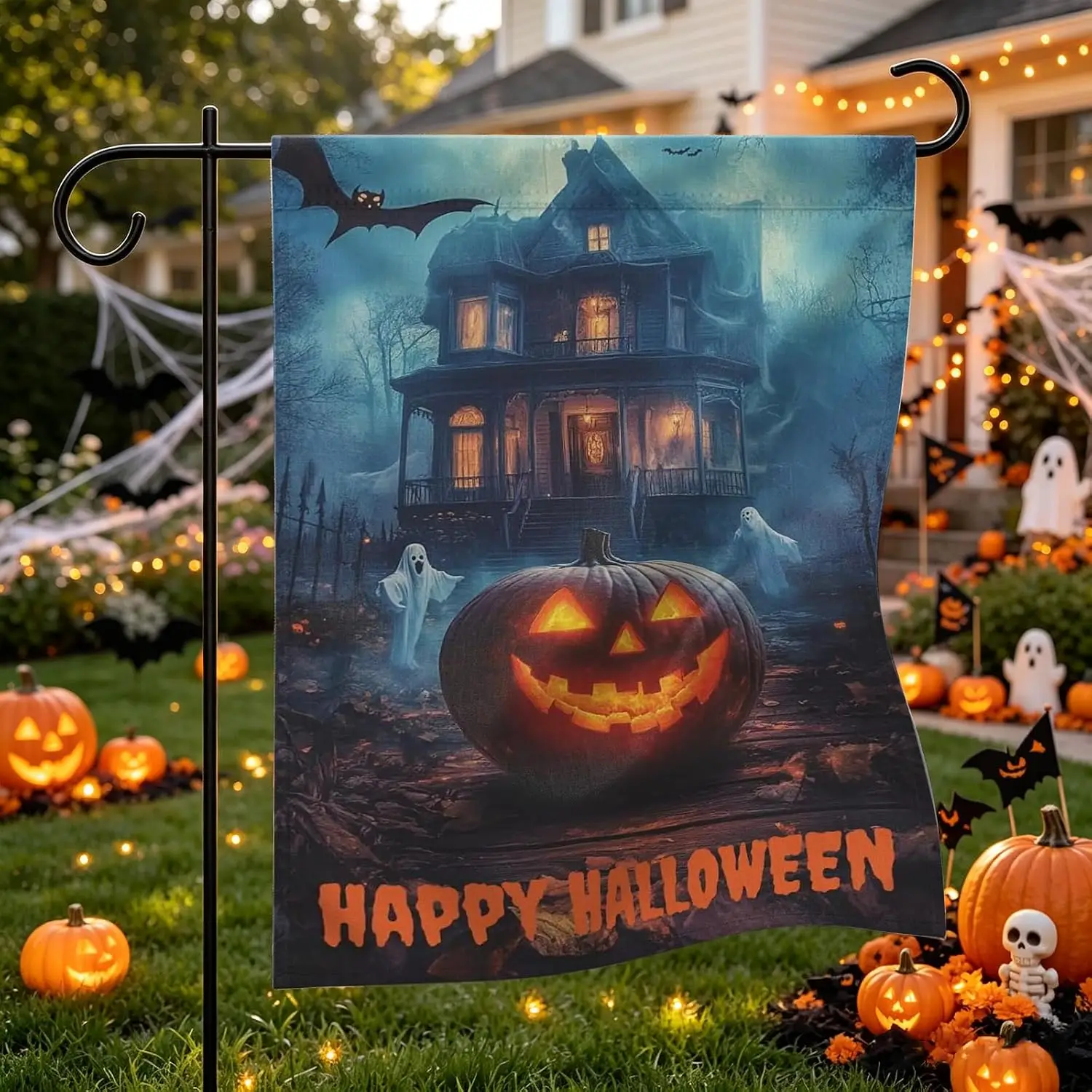 Happy Halloween Pumpkin Garden Flag 12×18 Inch Haunted House Ghost Decor yyi