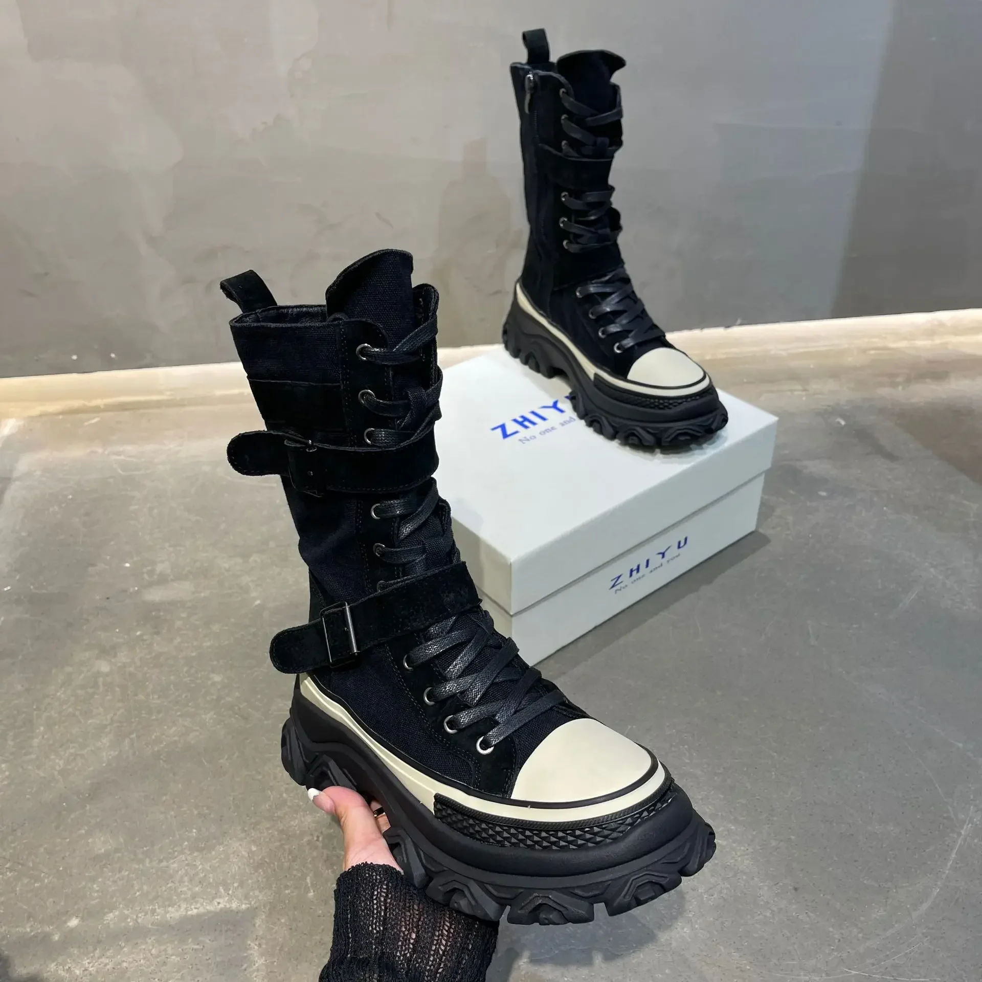 Trendy Punk Women Boots Mid-calf Ladies Boots Patchwork Woman Designer Shoes Buckle Strap Decoration Motorcycle Boot Botte Femme