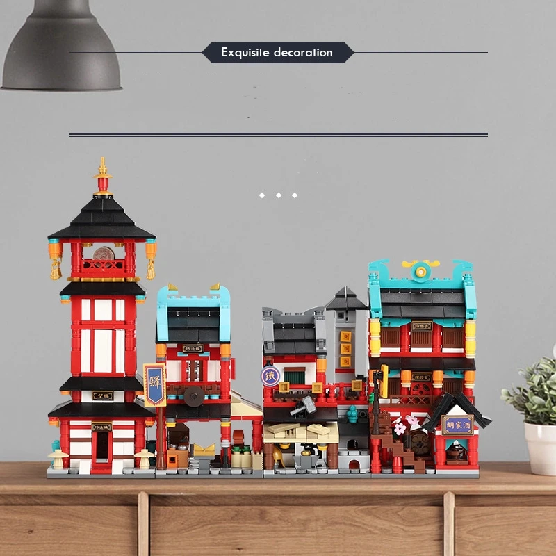 Mini blocs de construction de rue d'oiseau bermellon de rue de ville MOC, Architecture ancienne chinoise, figurines d'amis, jouets en briques pour enfants
