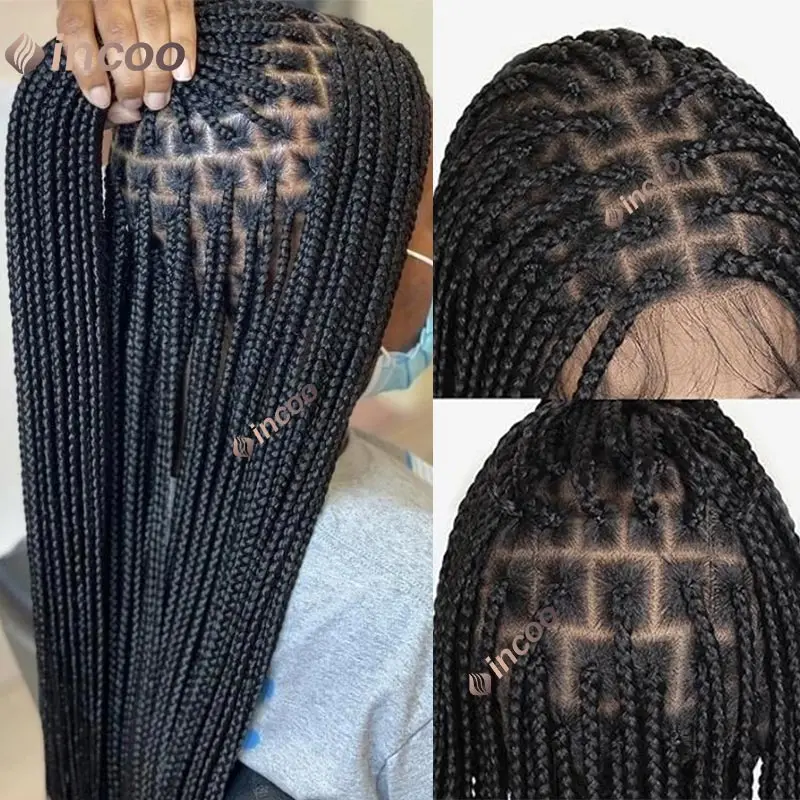 36 Inch Full Lace Front Cornrow Gevlochten Pruiken Knooploze Doos Gevlochten Pruiken Synthetische Kleine Doos Vierkante Vlecht Pruik Voor Zwarte Vrouwen