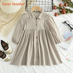 Bear Leader Khaki Color Lapel Shirt Dresses Autumn Long Sleeved Colorful Button Pleated Dress Girl Korean Version Clothing