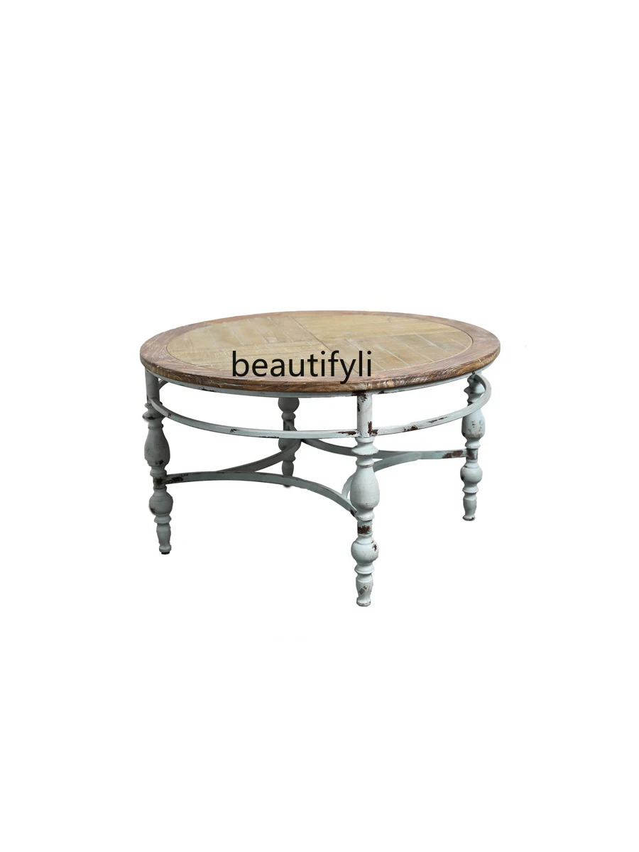 Wrought Iron Solid Wood Tea Table American Living Room Sofa Side Table Distressed Hotel Coffee Table