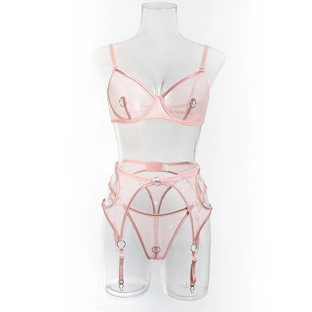 Sexy Perspective Gathering Mesh Bra Lingerie Women's High Elasticity Underwear Set with Breast Rings Female Exotic Apparel Sets