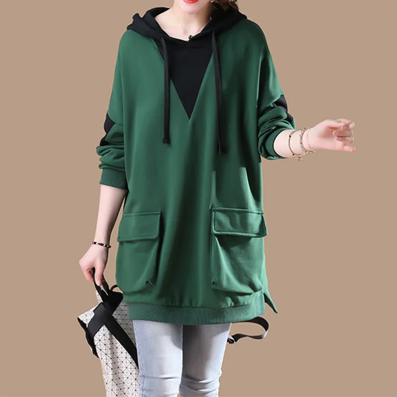 

Korean Trend Hooded Collar Patchwork Double Pockets Spring Autumn Womens Contrasting Colors Bandage Mid Length Sweatshirts