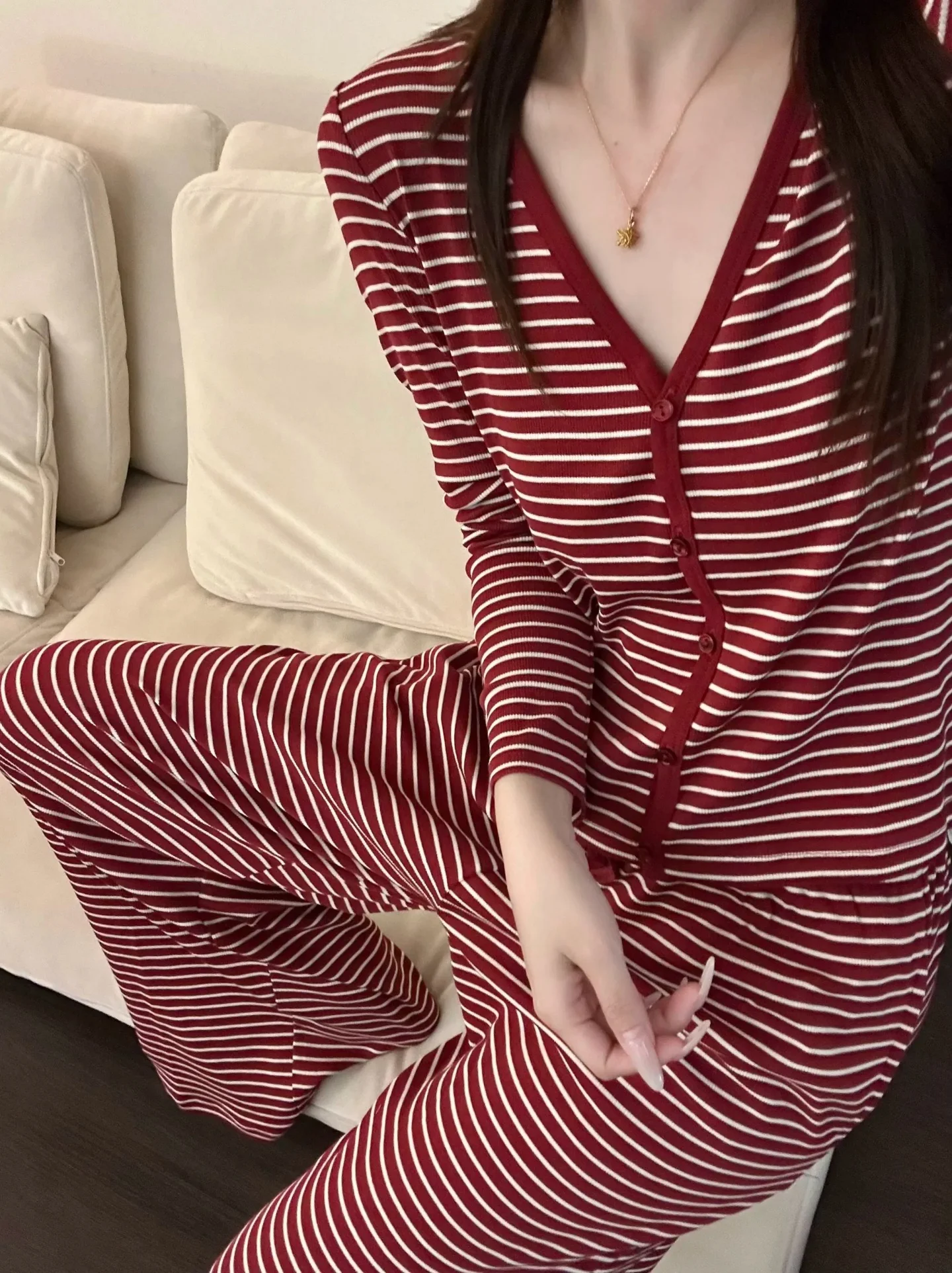 Stripe V Neck Fashion Vintage Women Pajamas Cardigan Korean Style Pajamas Set for Women Autumn Winter Casual Soft Loungewear Set