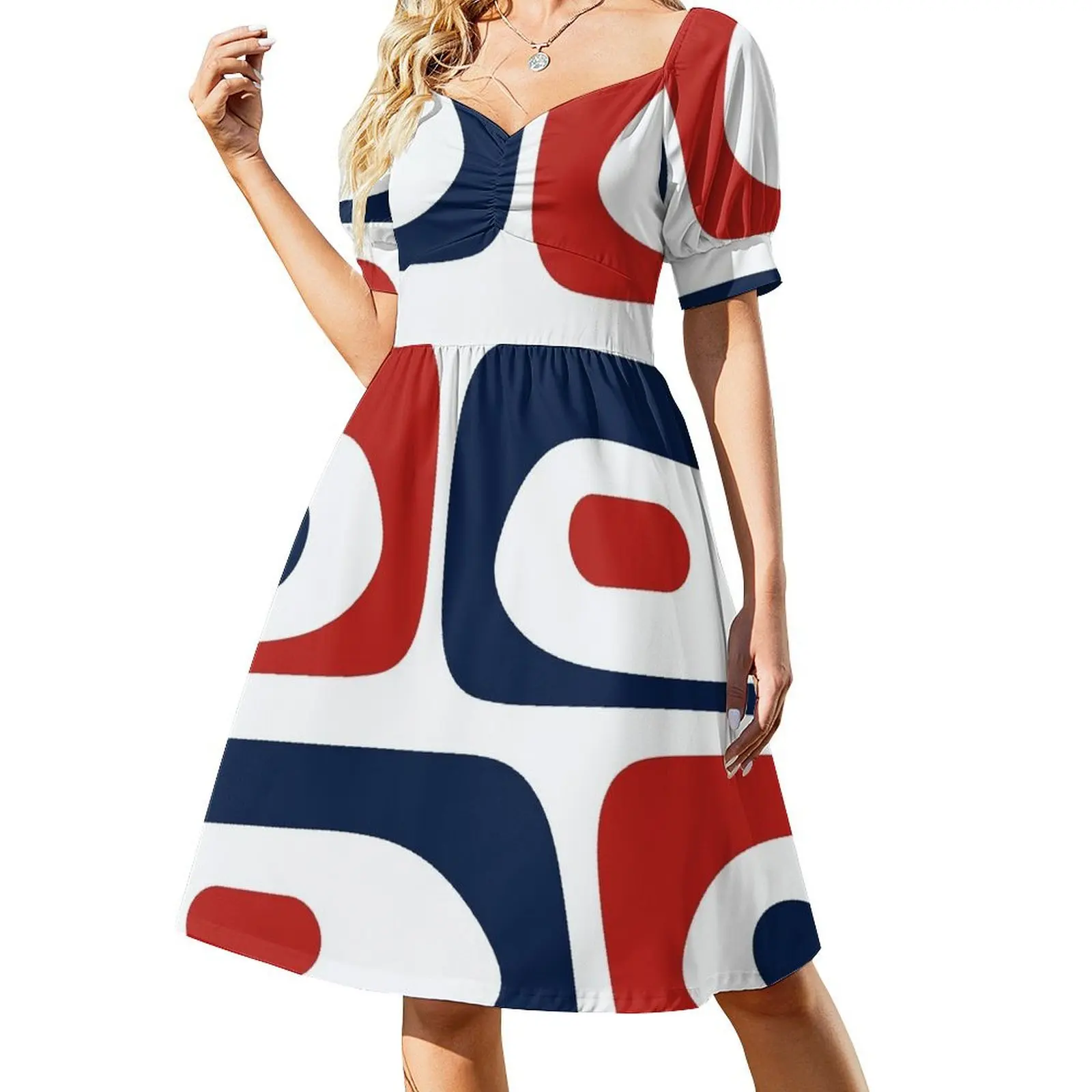 Mid Century Modern Piquet Minimalist Abstract Pattern in Red, White, and Nautical Navy Blue Short-Sleeved Dress Woman dresses