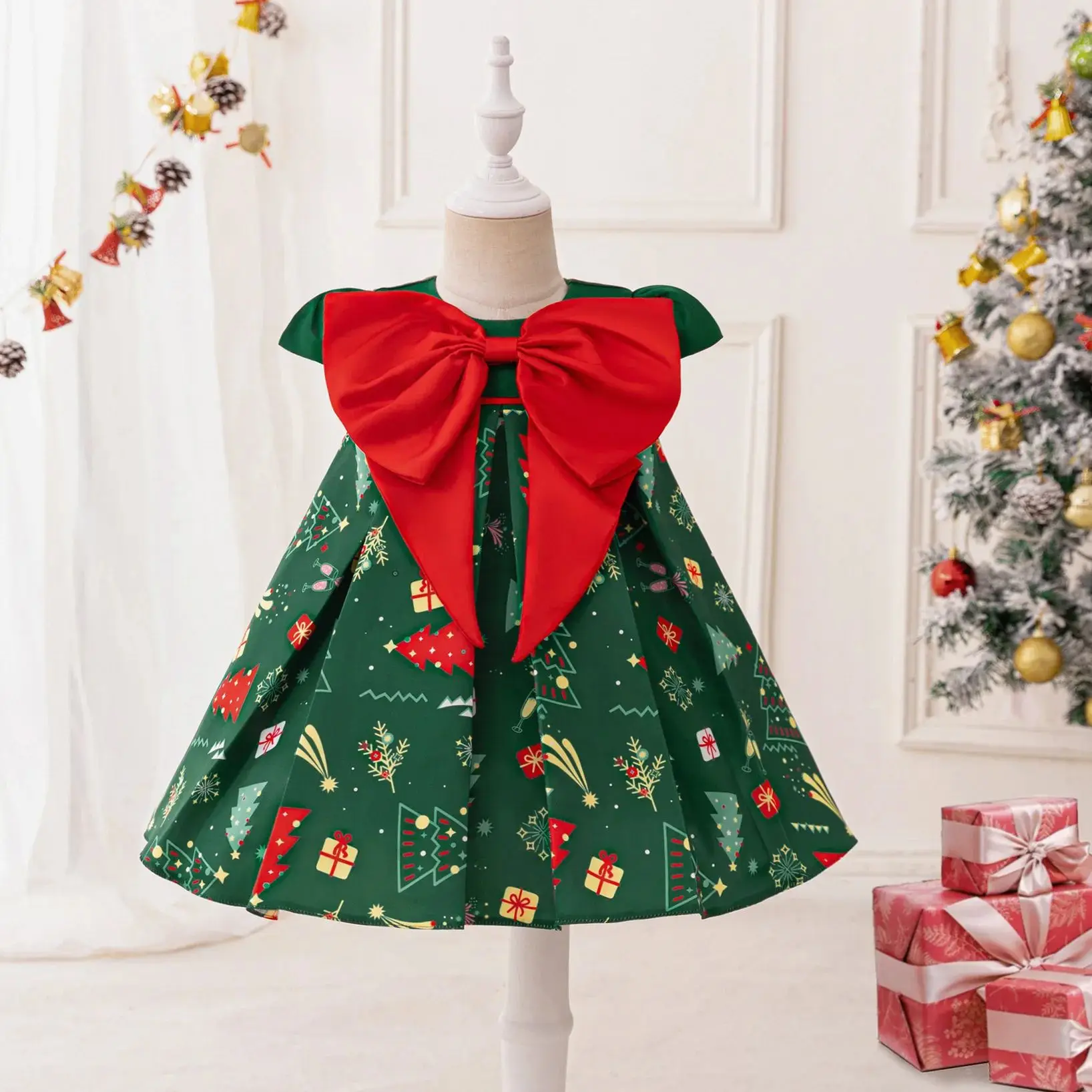

Cute Kids Christmas Dress For Baby Santa Claus Green Elf Big Bow Princess Dress For Girls Formal Party Ceremony New Year Gown