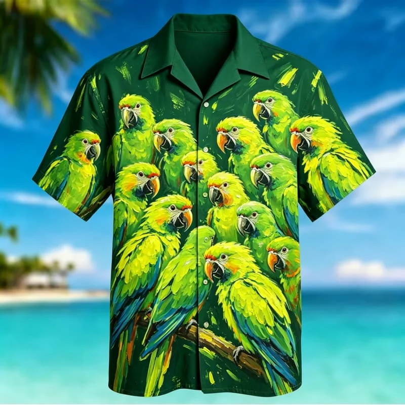 Oil Painting Animal Group Print Short Sleeve Shirt Casual Button Up For Men Daily Wear With Artistic Tropical Charm