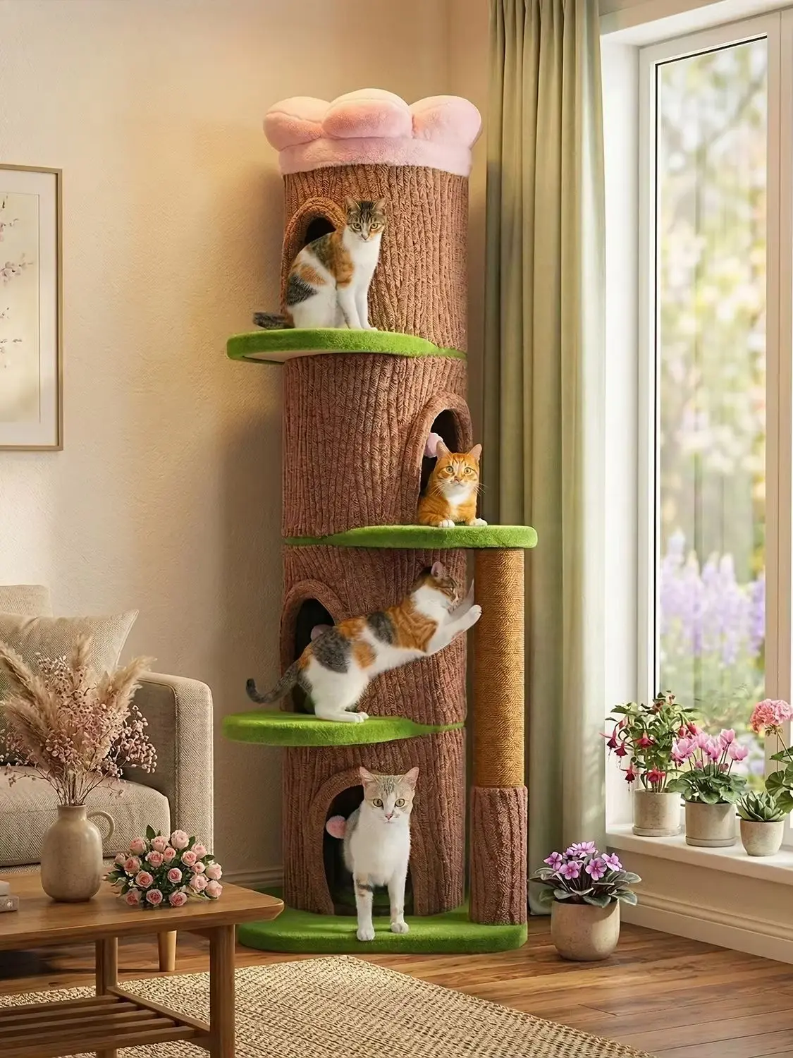 Hoher Katzenbaum mit Blumenkranz-Dachplattform, dickem Kratzbaum, 4 gemütlichen Höhlen, geeignet für große, schwere Katzen, Katzenspielzeug