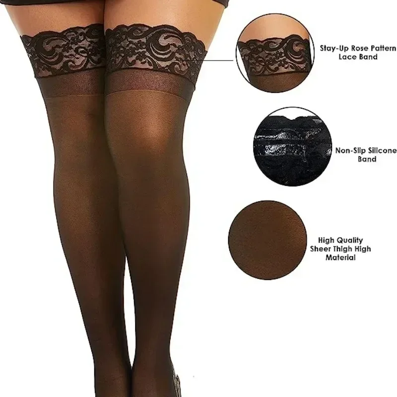 Plus Size High Elastic Stockings for Women Sexy Lace Thigh Sock Anti-slip Pantyhose Top Over Knee Ultra-thin Long Socks