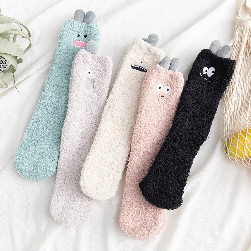 Qisin Cute Little Monster Cartoon Fuzzy Socks Women Coral Velvet Medium Tube Funny Socks Cotton for Winter and Autumn Keep Warm