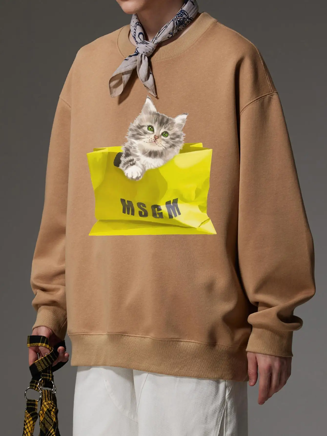 Bag Cat Print Cute Print Men Sweatshirts Korean Style Casual Loose Hoodies Pullovers O-neck Drop Shoulder Male Streetwear