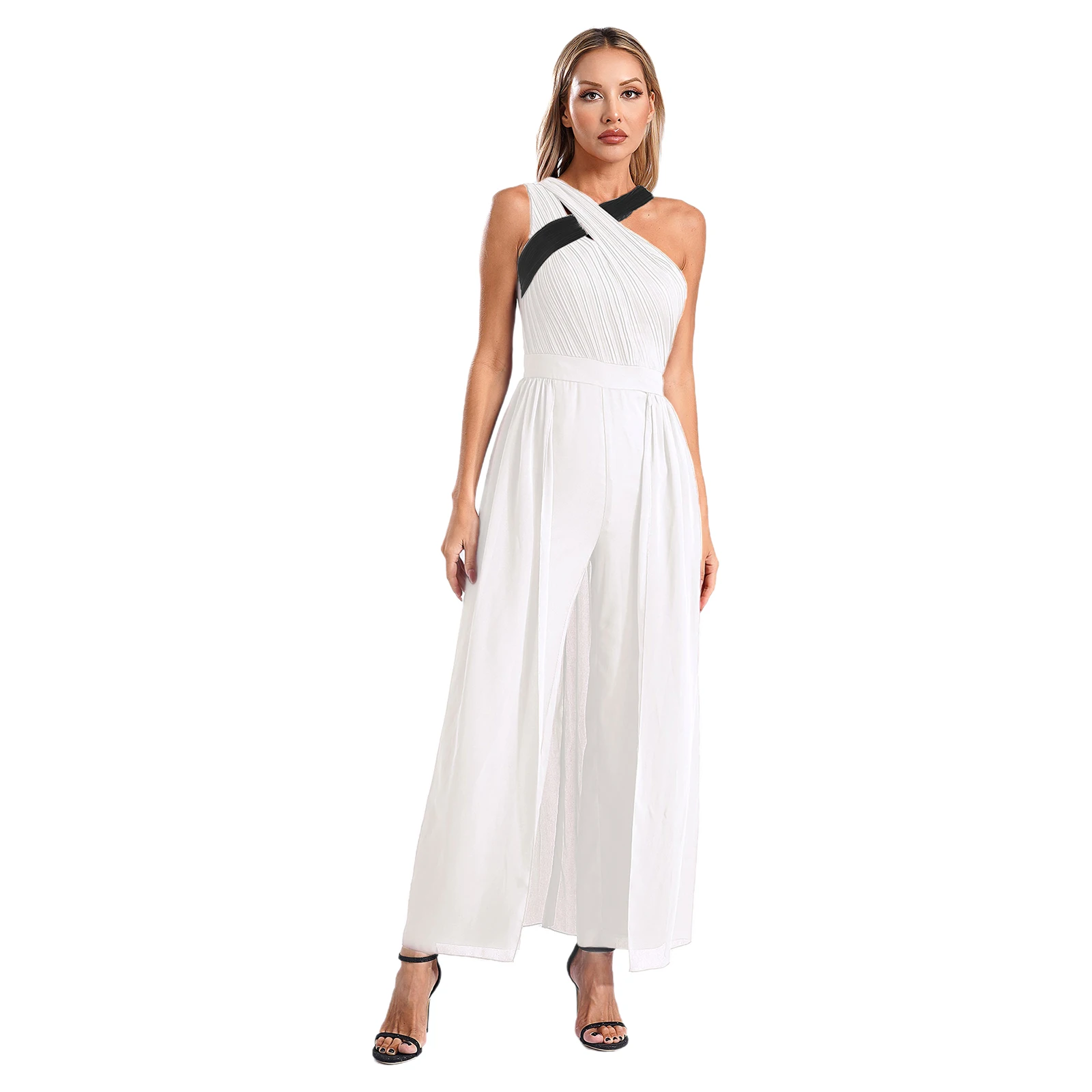 Macacões femininos Assimétricos Ruched Straps, Senhora do Escritório Calça de Pernas Largas, Macacão para Festa Noturna, Coquetéis, Calças Comutadas, Chique