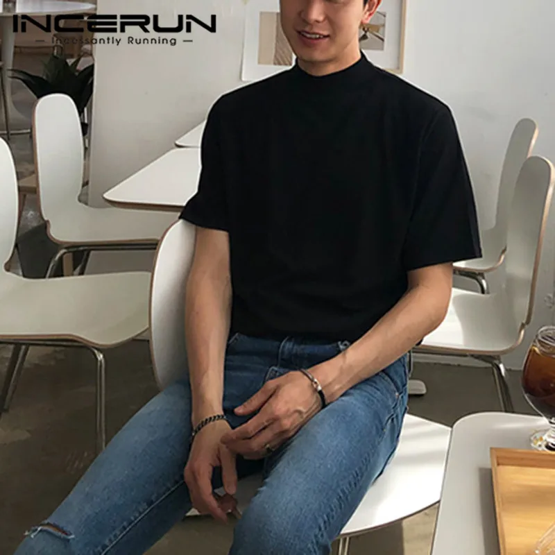 INCERUN Men T Shirt Turtleneck Solid Color Short Sleeve 2024 Summer Korean Casual Tee Tops Streetwear Fashion Men Clothing S-5XL