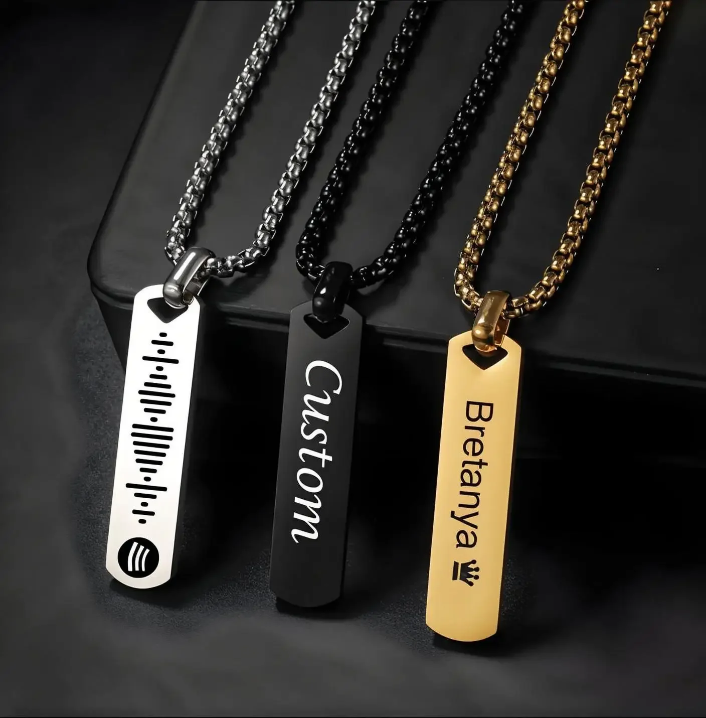 Unique Stainless Steel Spotify Name Engraving Rectangle Necklace Square Pendant DIY Craft for Couples Gift Idea for Him/Her