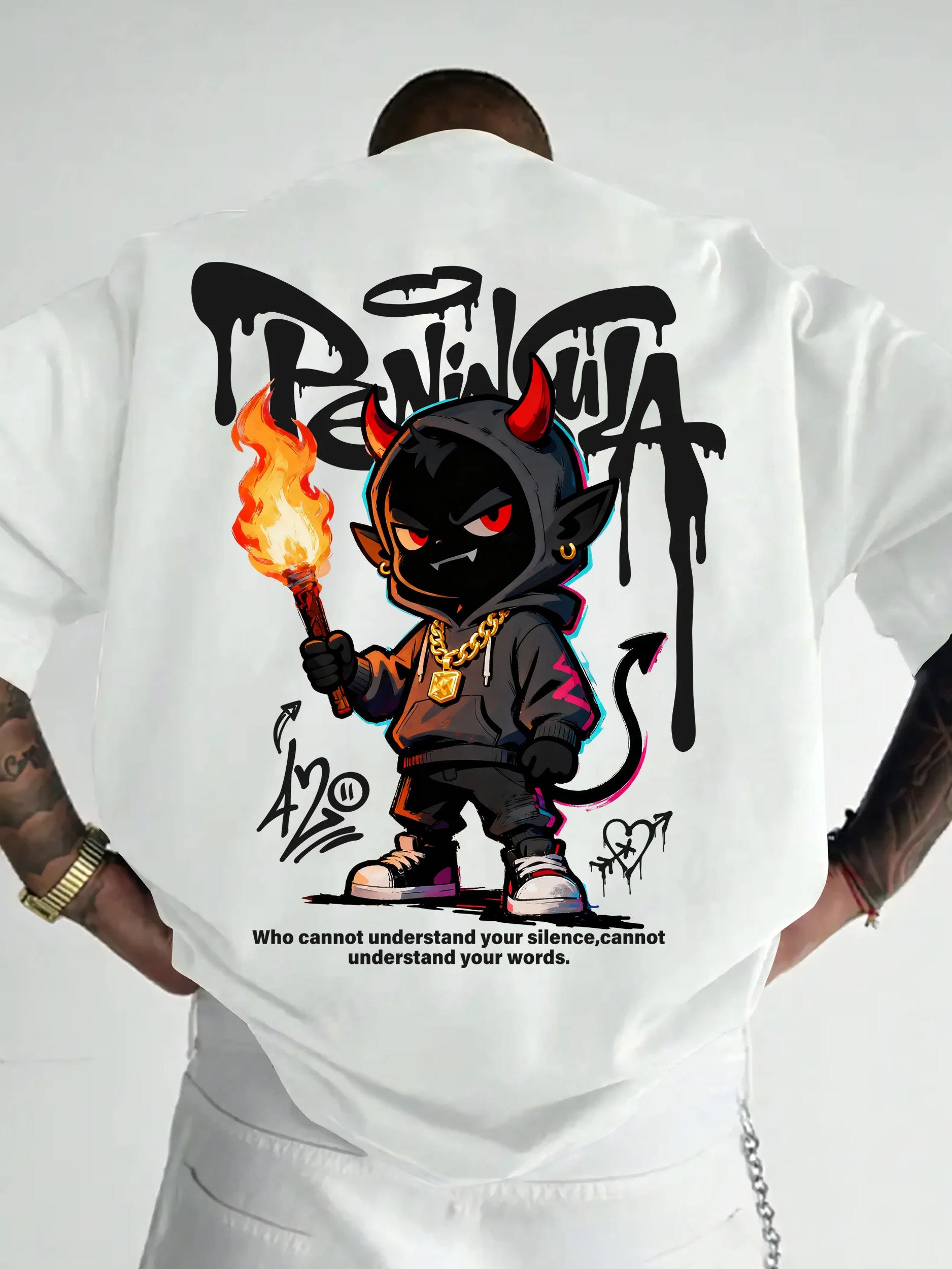 Streetwear-Style Cartoon-Teufel-Graffiti-Print auf Premium 100% Baumwolle Herren T-Shirt Perfekt für Sommerlichen Urbanen Stil – Detail 4