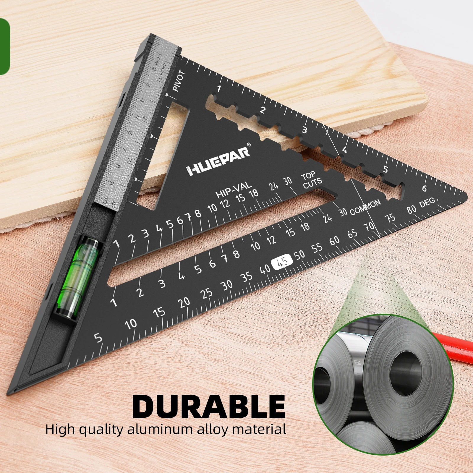 Huepar 7inch Triangle Ruler Aluminium Alloy Carpenter Square Precise Stainless Steel Meauring Tools With Spirit Level