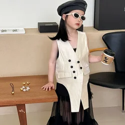 Girls Vest 2024 Summer New Children Wear Front Long Back Short Multi Button Coat Coat for Children Matching Top