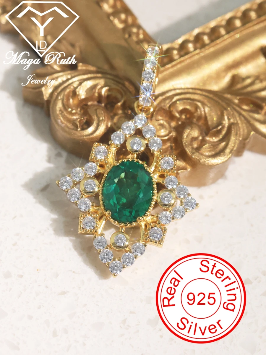 

Created Emerald 925 Sterling Silver Gold Plating Designer Pendant For Women Vintage Italy Style Green Gemstone Halo Ins Jewelry