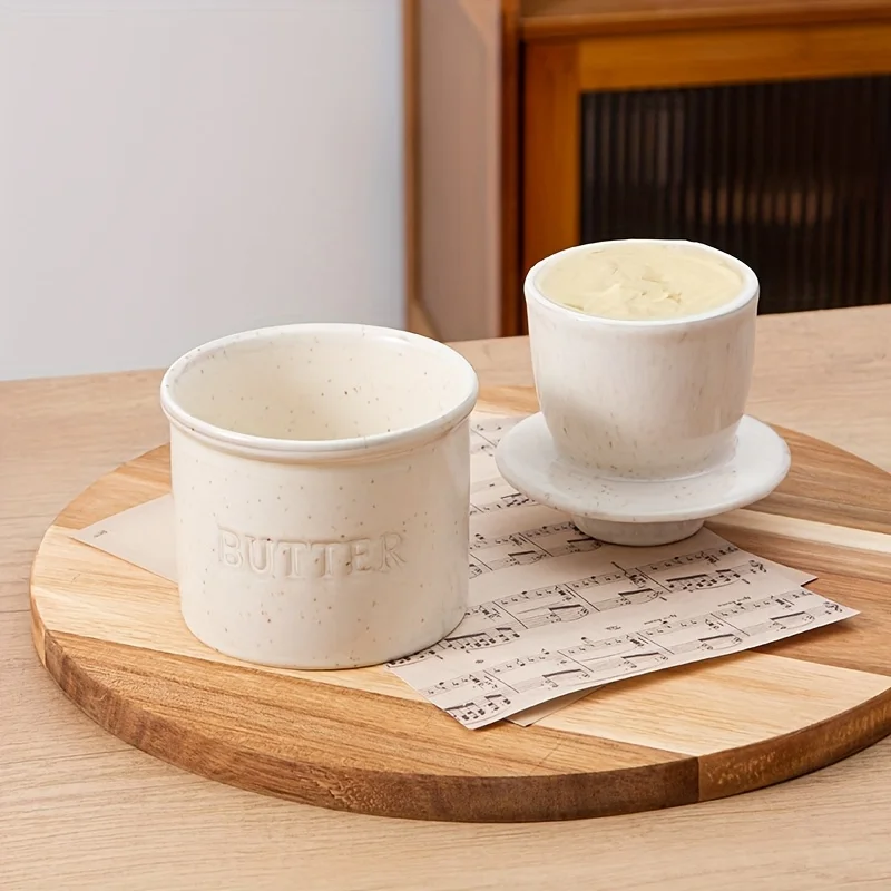 1pc Speckled White Butter Crock with Lid for Countertop - Ceramic French Butter Dish for Spreadable Soft Butter, Butter Containe