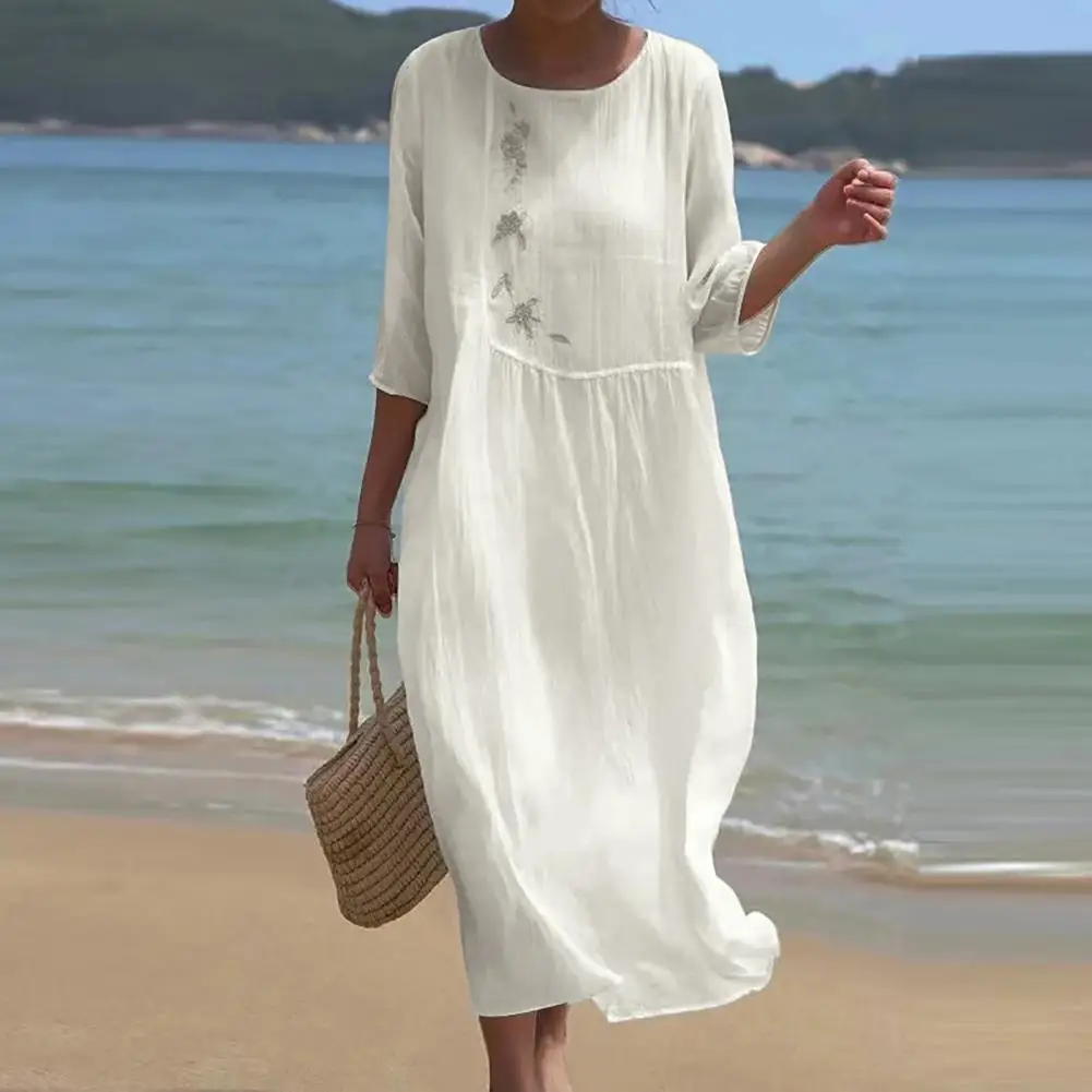 Vintage Women Dress Floral Embroidery Beach Dress Ladies Short Sleeve O-neck Cotton And Linen Boho Dresses Summer