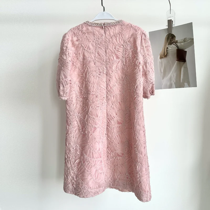 French O Neck Pink 3D Floral Small Fragrance Dress Fashion Sweet Loose Korea Chic Short Sleeve Ladies Mini Dress Summer