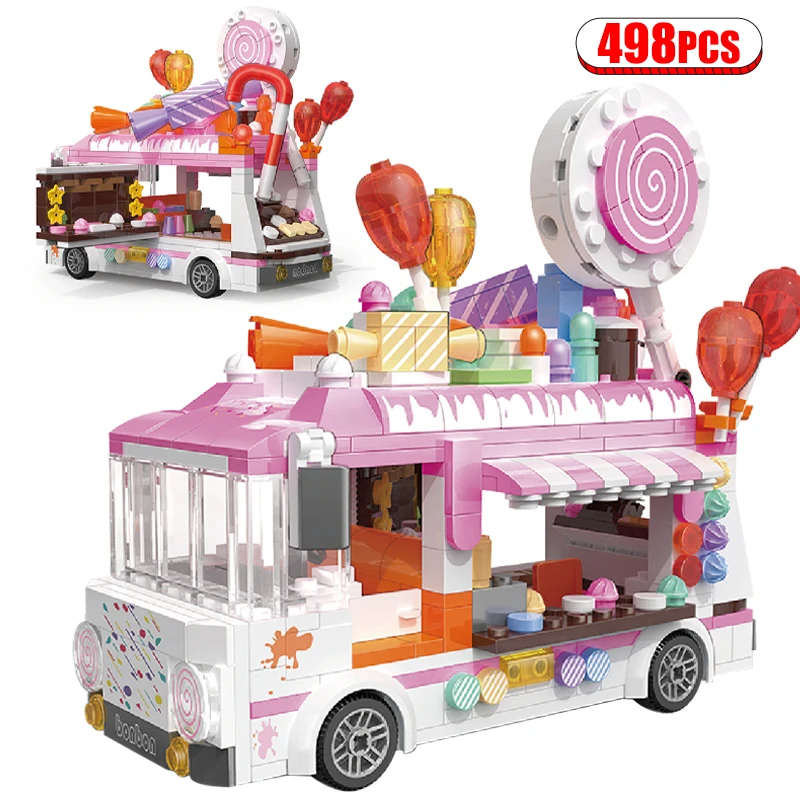 

498pcs City Mini Street View Food Barbecue Truck Car Building Blocks Candy Cart Vehicle Bricks DIY Toys for Children Gift