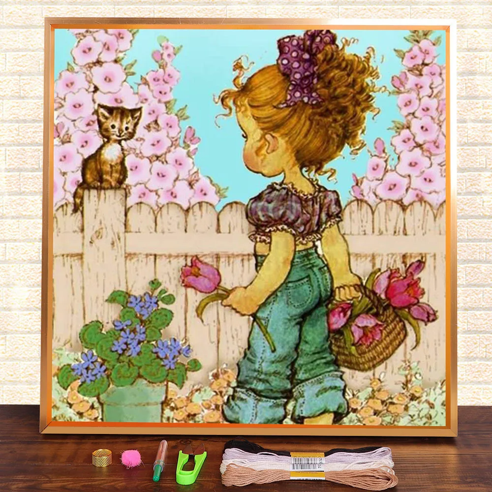 Spring Outing Little Girl Printed 11CT Cross Stitch DIY Embroidery Set DMC Threads Hobby Painting Needlework    Stamped