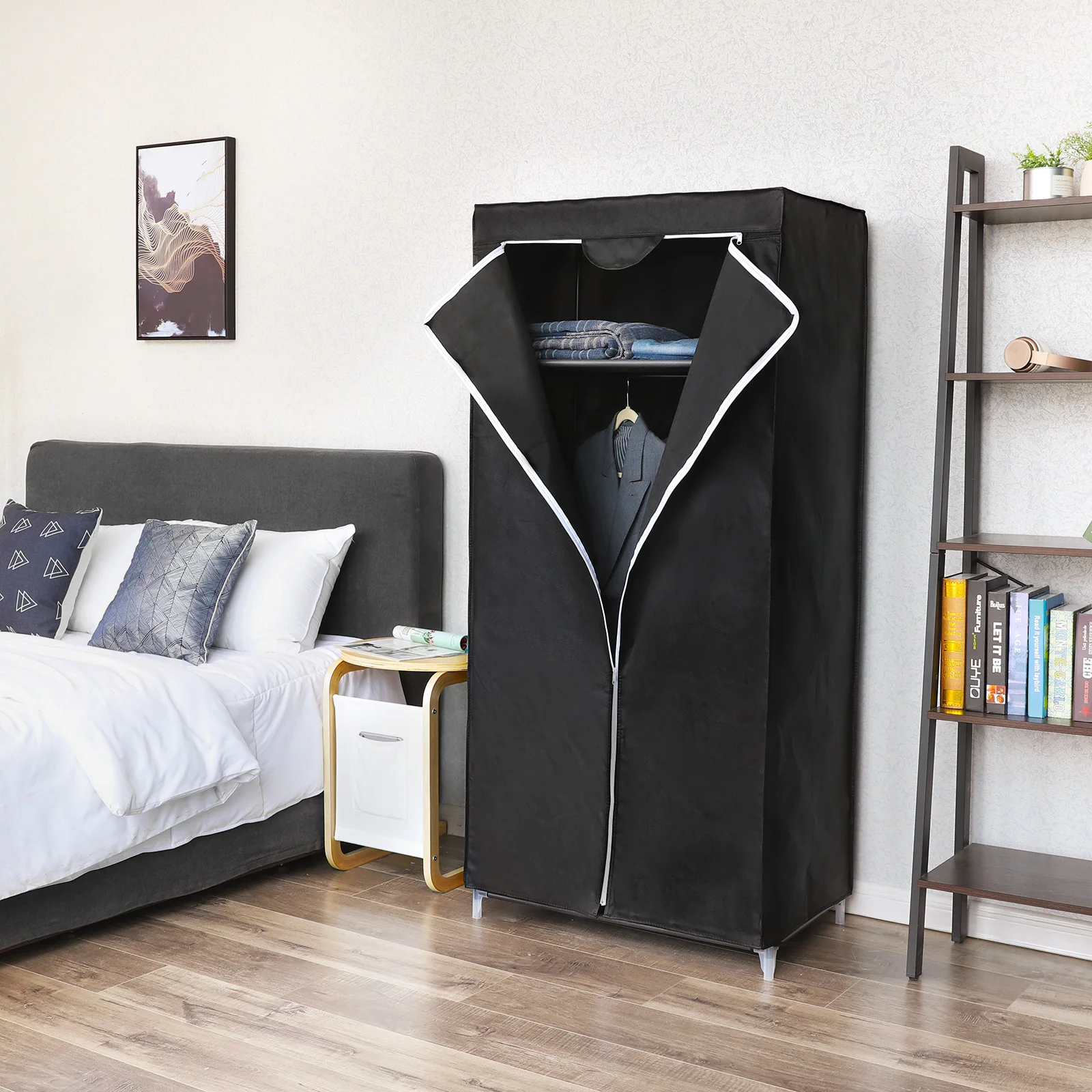 SONGMICS Kleiderschrank, Stoffschrank, Faltschrank mit Kleiderstange, Kleiderständer, Aufbewahrung für Taschen, Spielzeug