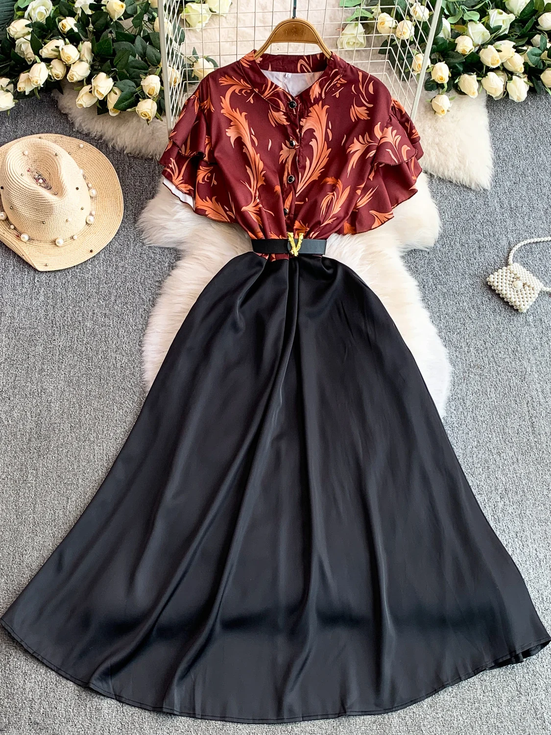 بلوزة ريترو مطبوعة من الساتان Sve طويلة الدكتور المرأة الخريف الشتاء زر واحد سليم صالح تنورة كاملة الدكتور عالية الخصر ort Sve