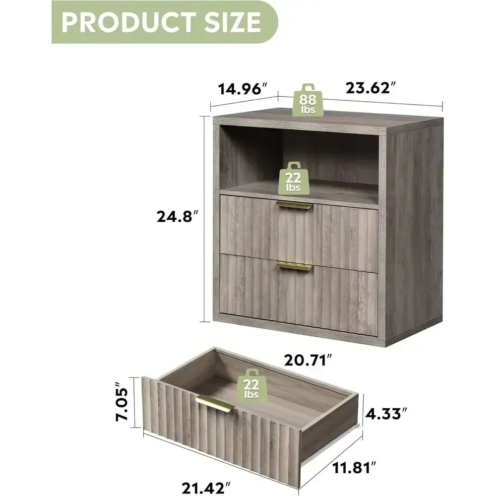 2-Piece Wooden Nightstand Set with Storage Drawers and Open Shelves, Modern Bedroom Side Tables, Greige