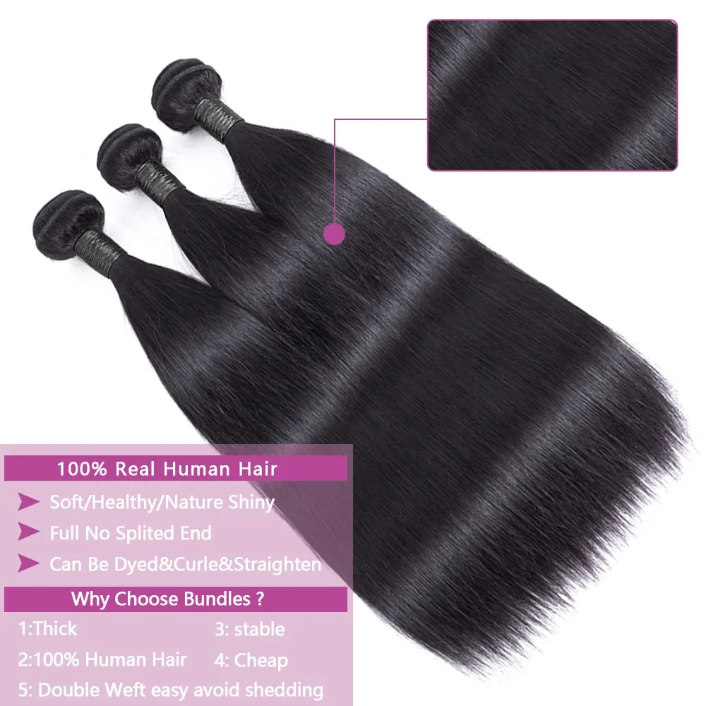 Pacotes longos e grossos de cabelo reto para mulheres, extensões de cabelo, Pacotes indianos de cabelo cru, 100% cabelo humano, 30 in, 32 in, 38 in, 40 in