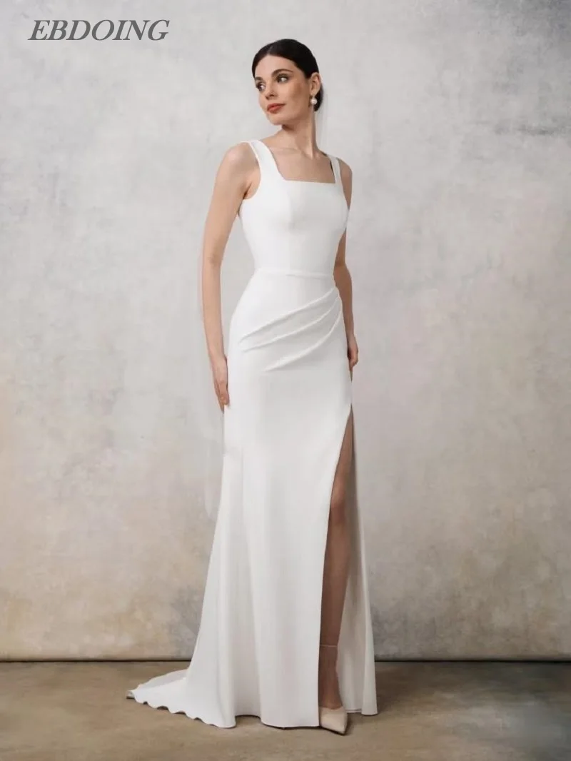 

EBDOING Свадебное платье Русалка из атласа с квадратным вырезом без рукавов и разрезом на ноге Платье невесты по индивидуальному заказу