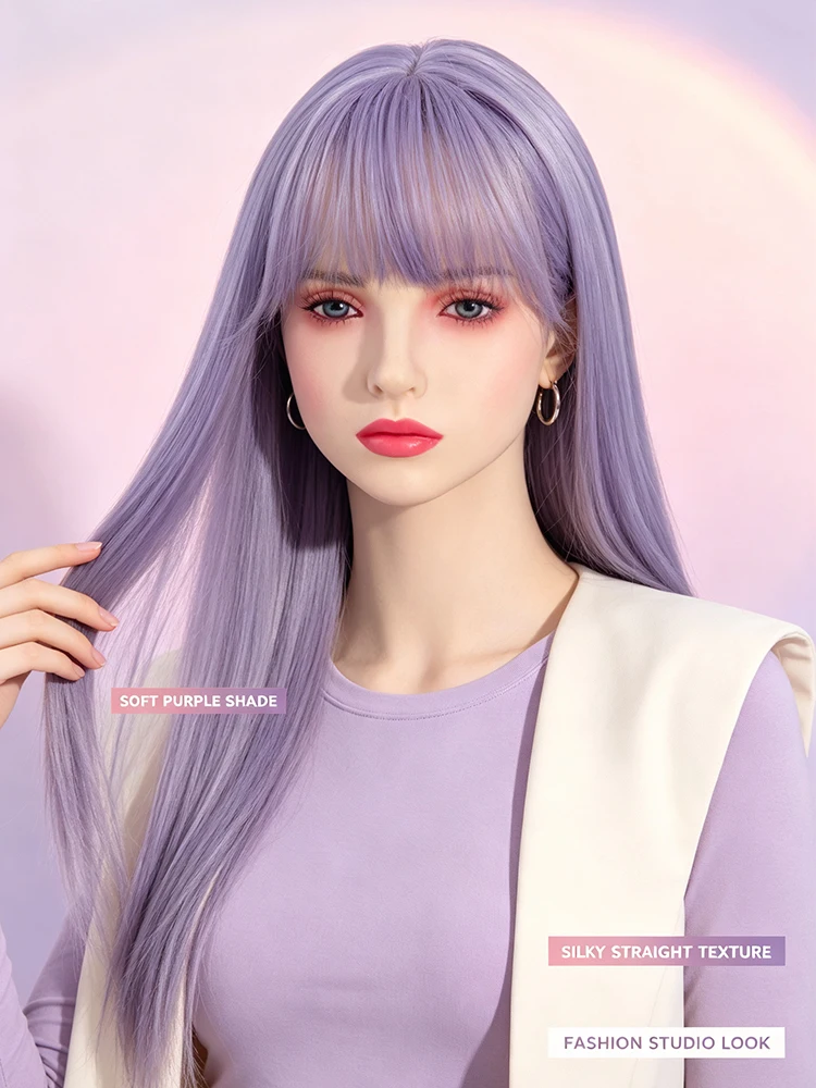 Synthetic 24 Inch Light Purple Airy Bangs Long Straight Hair Wig Halloween Cosplay Heat Resistant Fiber Hair Accessories