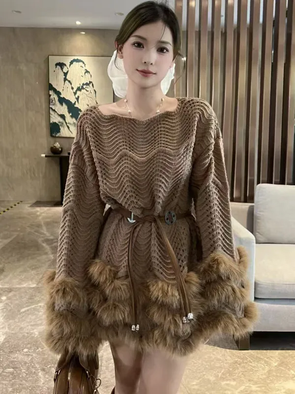 

Autumn Winter plus Size Women's Knitted Dr Hollow out Waist-Cinching Midi Length Sweater Top French Sle High Waist Princ...