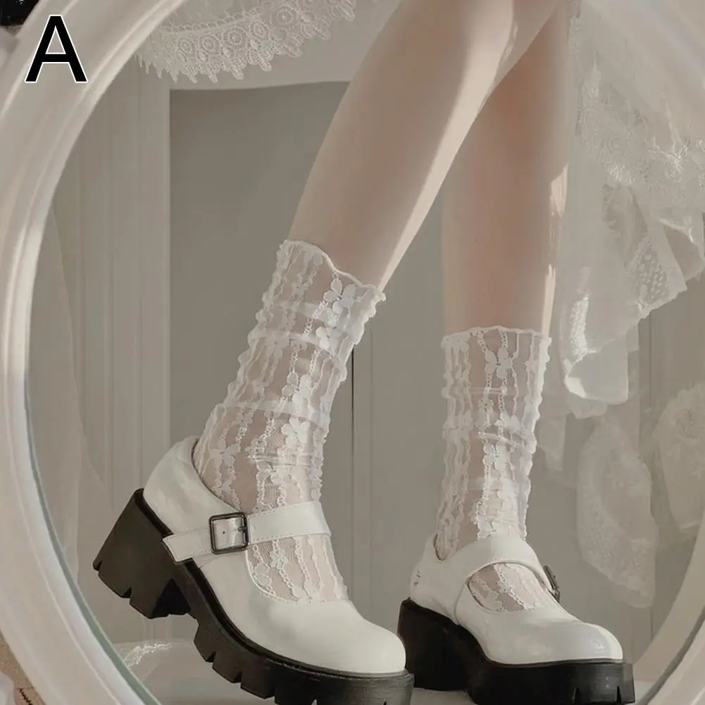 Soft Lolita Sweet White Pile Socks Women Mesh Fishnet Thin Nylon Silk Retro Flower Lace Socks Ladies