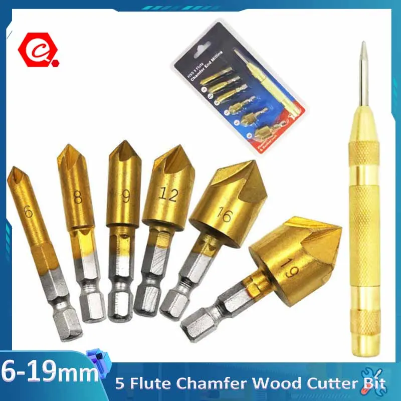 

1/4'' Hex Shank 5 Flute Chamfer End Milling Wood Cutter Drill Bit Automatic Center Punch Kerner Positioning Marker Press Dent