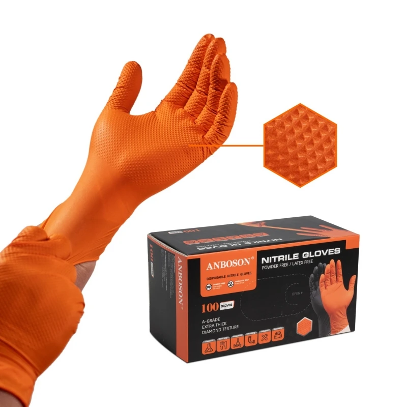 Heavy Duty Orange Nitrile Gloves 8Mil Industrial Disposable Gloves with Diamond Textured Grip for Mechanic Safety & Work Gloves