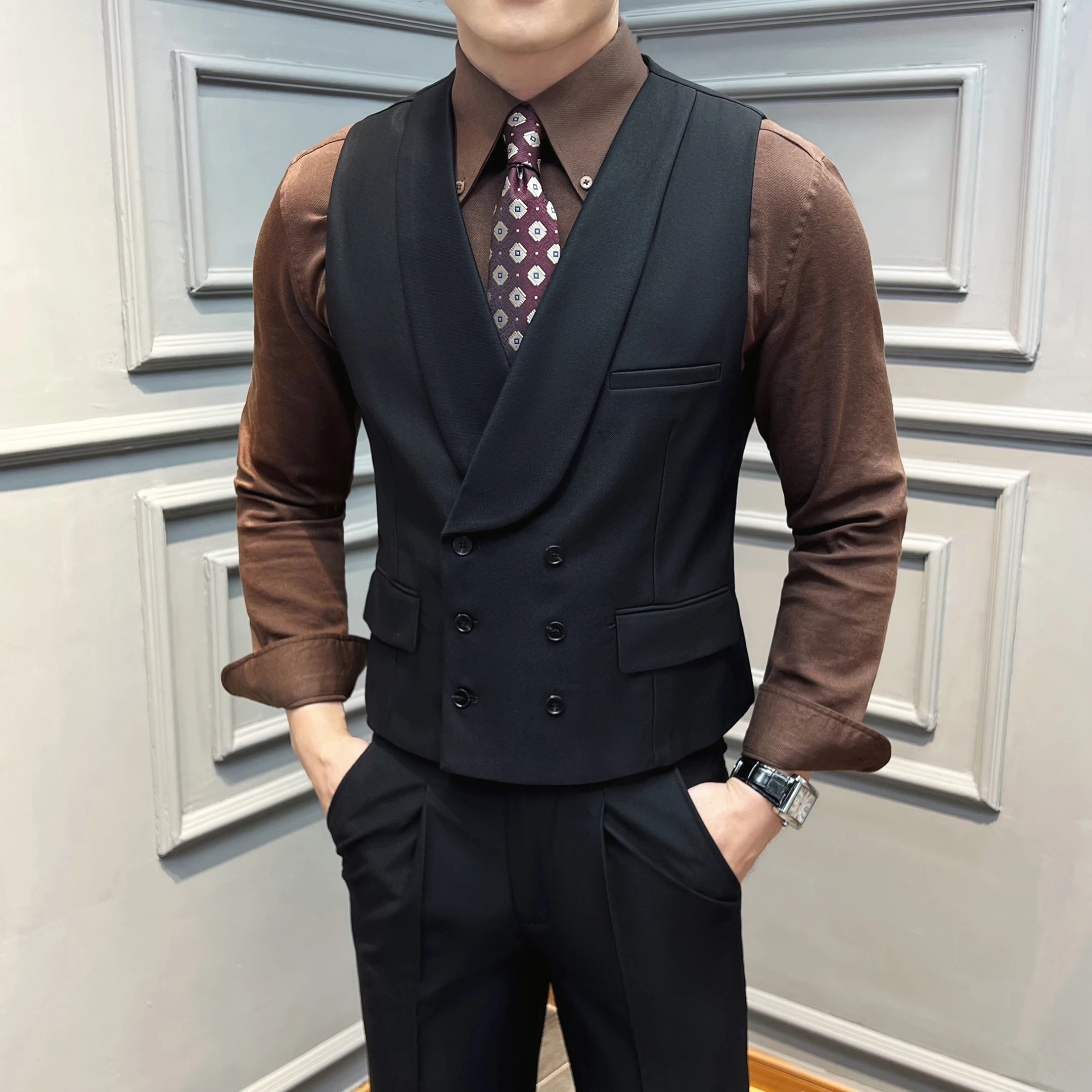 ( Vest + Pants) High-end Brand Solid Color Suit Vest 2 pieces Men Luxury Double Breasted Design Fashion Vest Set Club Clothing