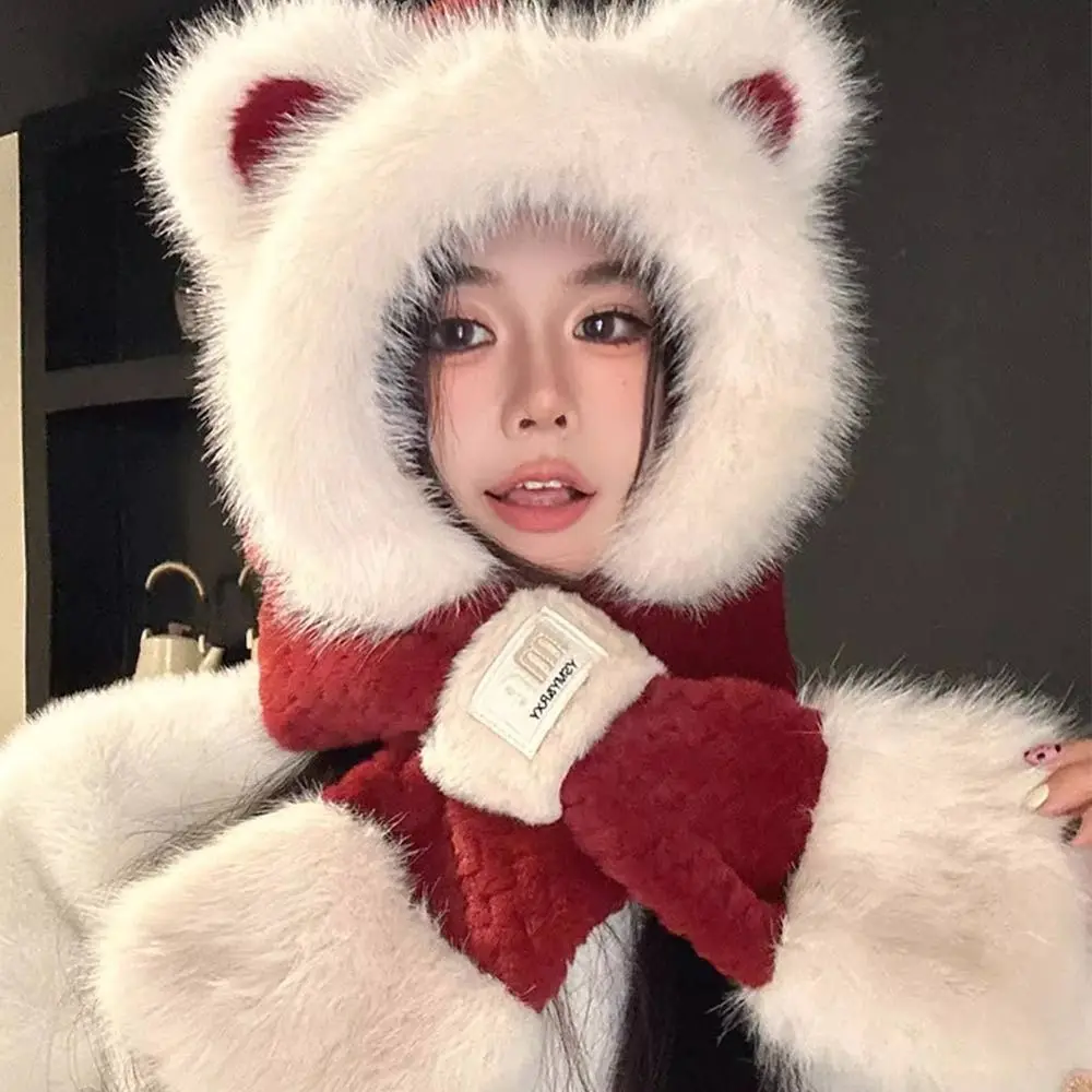 Fashion Plush Winter Integrated Cap Scarf Windproof Warm Beanie Hat Scarf Soft Casual Neck Warmer Cycling