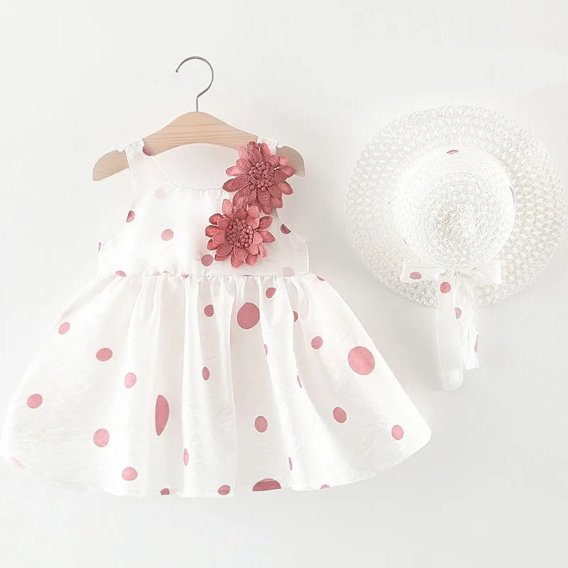 

Summer Toddler Dresses For Girls Korean Cute Dot Flowers Print Sleeveless Cotton Kids Dress+Sunhat Baby Clothes Outfit BC1982