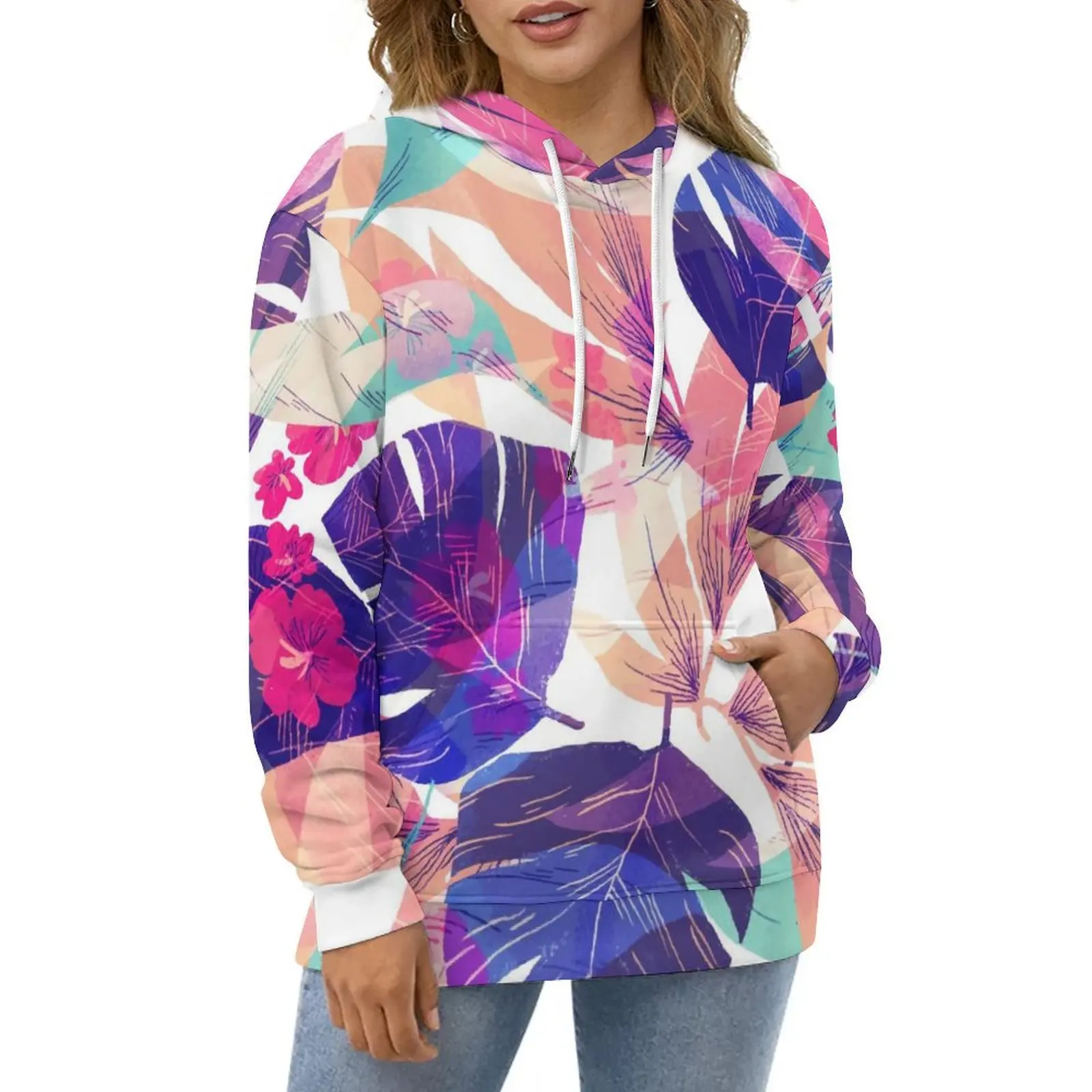 

Colorful Leaf Print Hoodies Long Sleeve Tropical Floral Casual Hoodie Winter Streetwear Oversize Design Loose Hooded Sweatshirts