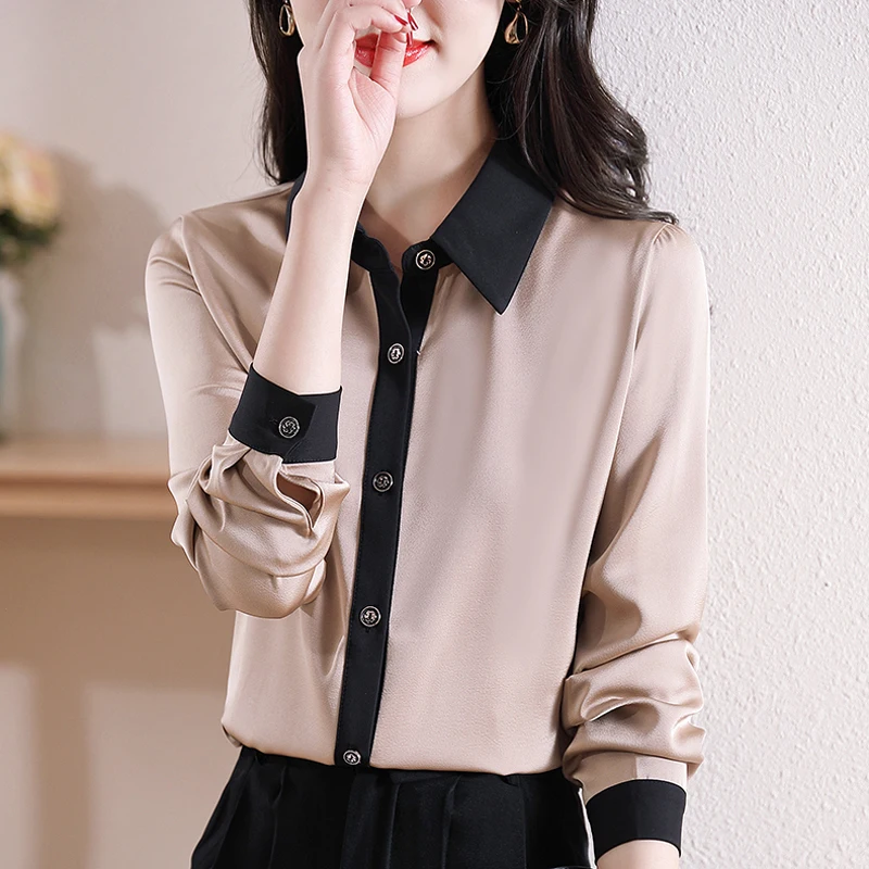 

Chic Color Stitching Elegant Office Blouse Female Chiffon Shirts Long Sleeve Casual Tops Autumn Women Clothes