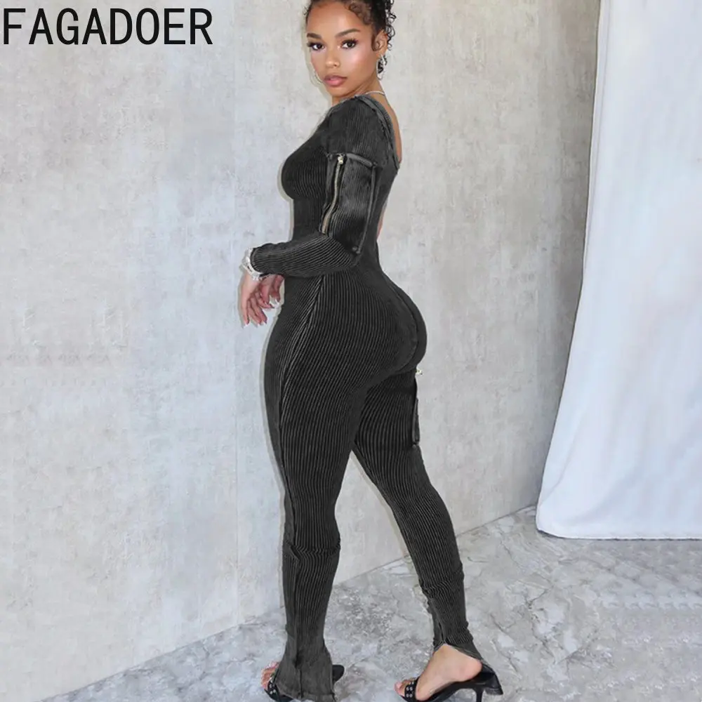 FAGADOER Fashion High Quality Ribber Elasticity Bodycon Jumpsuits Women One Shoulder Long Sleeve Cargo Side Zipper Slim Playsuit