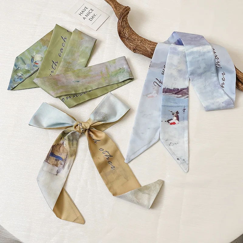 

Retro Oil Painting Silk Scarf Artistic Hair Tie, Bag Strap, and Ribbon Versatile Butterfly Knot Hairband Decorative Neck Scarf