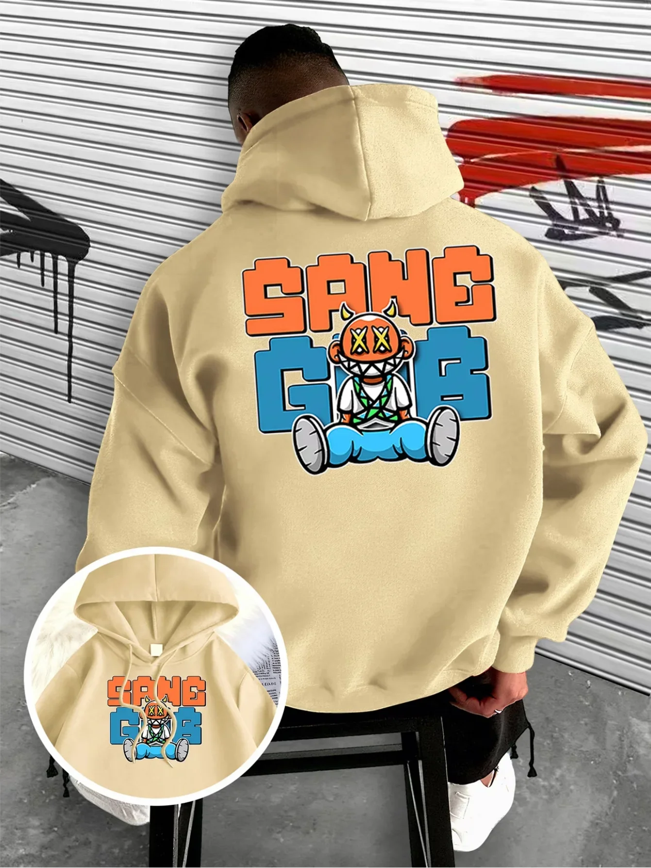 Men Women Unisex Hoodie SANG GANG Cartoon Devil Character Graffiti Front and Back Print Sweatshirt Casual Loose Hooded Pullover