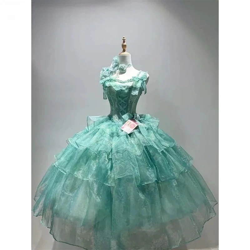 ชุดราตรีสีเขียวสไตล์โลลิต้าเอวสูงทรงเข้ารูปยาวสำหรับงานเลี้ยงวันเกิดฤดูร้อน สาวหวานสไตล์นางฟ้าพร้อมโบว์เจ้าหญิงสุดน่ารัก