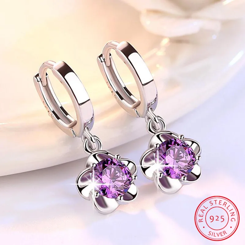 Fashion Child 925 Silver Pink Zirconia Cute Flower Hoop Earrings Girl Women Beautiful Huggies Earring Jewelry Anti-Allergic E198